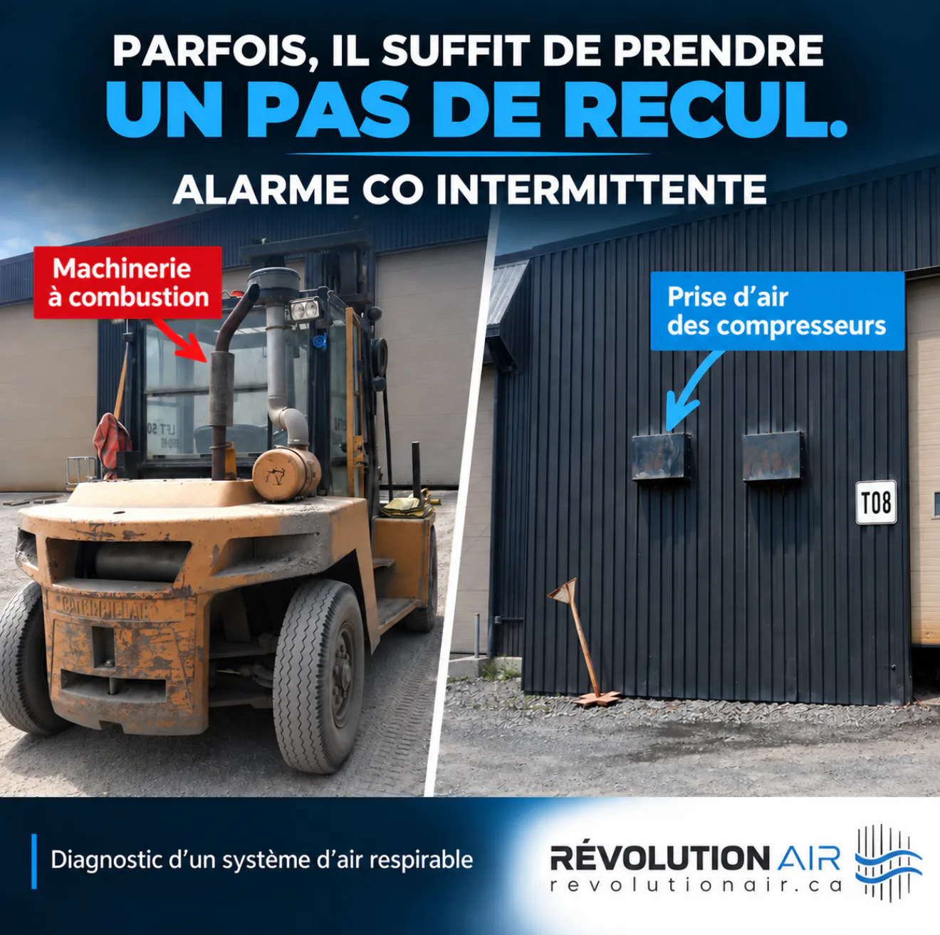 Machinerie à combustion près de la prise d’air d’un compresseur d’air respirable causant une alarme de monoxyde de carbone