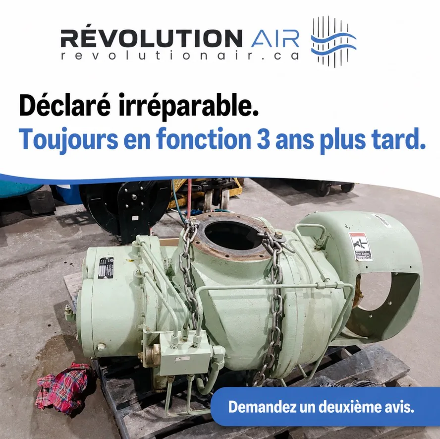 Compresseur industriel réparé après avoir été déclaré irréparable par un autre fournisseur