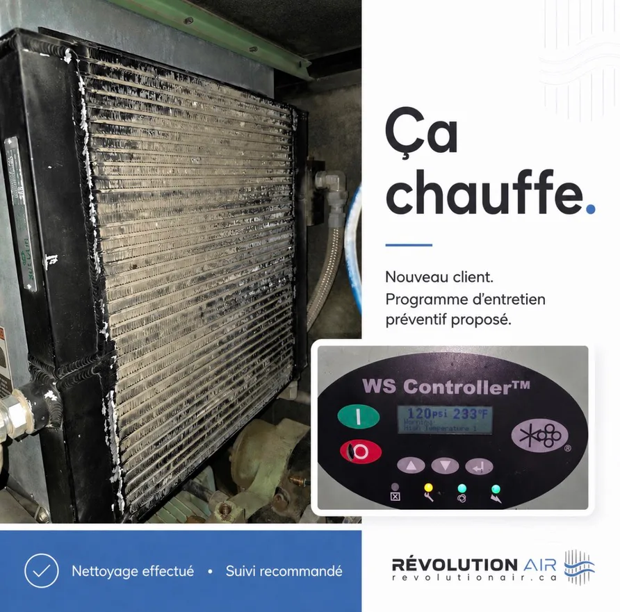Radiateur de compresseur industriel fortement encrassé avec alarme de température à 233 °F